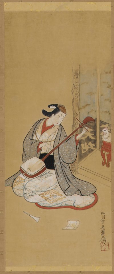 Un acteur en costume féminin jouant du samisen, période Edo, milieu-fin 18e siècle - Toriyama Sekien