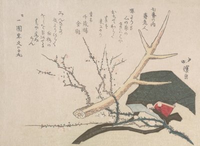 Chapeau, bois de cerf et branche de prunier, représentant Jurojin, le dieu de la vie, 19ème siècle - Totoya Hokkei