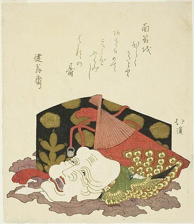 Boîte à laque, éventail et masque Okina - Totoya Hokkei