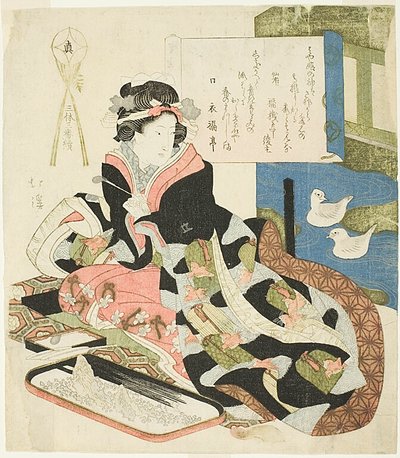 Femme regardant des canards, ou Le corps vertueux (Shin), de la série "Trois œuvres de trois esthétiques (San tai san ban shoku)" - Totoya Hokkei