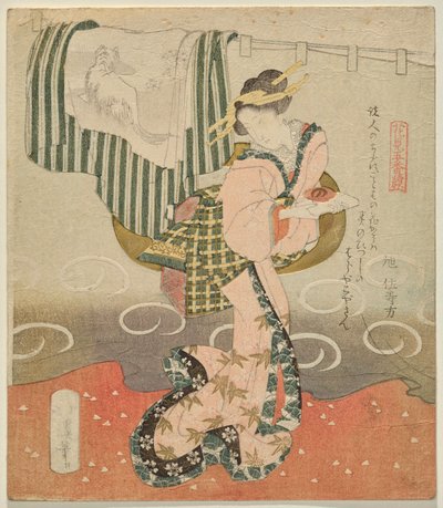 Femme tenant une coupe de saké devant un rideau et un kimono drapé (de Cinq Feuilles pour la contemplation des fleurs) - Totoya Hokkei
