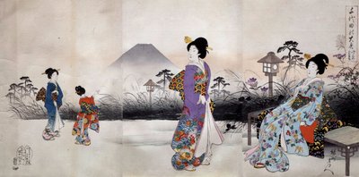 Femmes japonaises marchant devant le mont Fuji Estampe japonaise de Toyohara Chikanobu (1838-1912) 1896 Collection privée - Toyohara Chikanobu