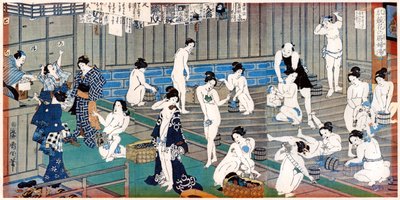 Scène de maison de bain, une estampe de Toyohara Kunichika, 19e siècle - Toyohara Kunichika