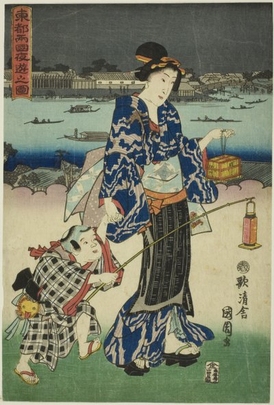 Divertissements du soir à Ryogoku dans la capitale orientale - Toyohara Kunichika