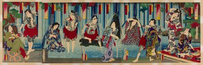 Étoiles de Kabuki devant une gracieuse cascade (Arigataki megumi no hanagata) - Toyohara Kunichika