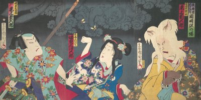 Onoe Kikugoro V en Otowake Neko no ke à droite, Bando Mitsugoro IV en Aisho Michinoku Cent, 1870 - Toyohara Kunichika