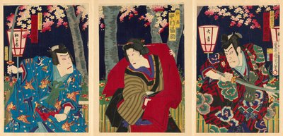 Les acteurs Nakamura Shikan IV comme Fuwa Banzaemon, Nakamura Fukusuke IV comme la servante, et Kataoka Gado III comme Nagoya Sanzaburo - Toyohara Kunichika