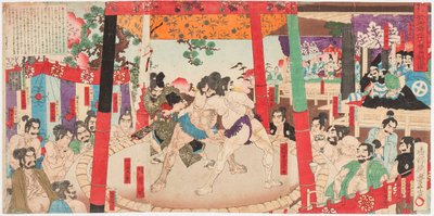 Combat de sumo devant Toyotomi Hideyoshi et Kato Kiyomasa - Toyonobu Utagawa