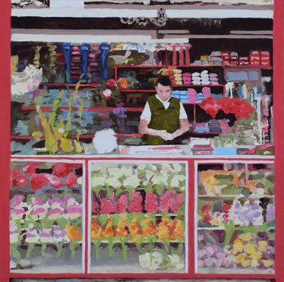 Étalage de fleurs (Bogotá, Colombie), 2016 (huile sur carton) - Trevor Burgess