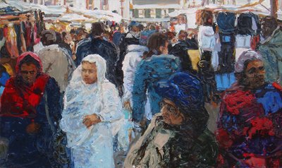 Acheteurs du marché (Ridley Road, Londres), 2011 (huile sur toile) - Trevor Burgess