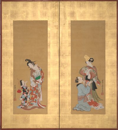 Danseuse Shirabyoshi et servante, courtisane et fille de compagnie - Tsukioka Masanobu