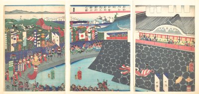 Hideyoshi et ses troupes quittant le camp de Nagoya (Mashiba Hideyoshi kō nagoya jin saki te no shoshō kuridashi no zu) - Tsukioka Yoshitoshi