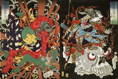 Kintoki maîtrisant un démon et un guerrier sur un crâne, 1868 - Tsukioka Yoshitoshi