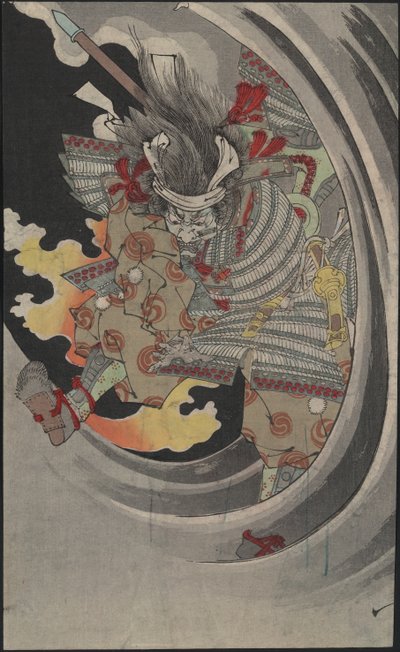 Le fantôme du général Taira no Tomomori traversant les vagues à la cascade de Nunobiki, 1889 - Tsukioka Yoshitoshi
