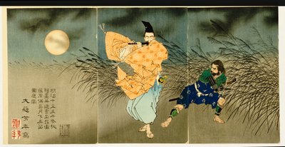 Triptyque de "Fujiwara No Yasumasa jouant de la flûte au clair de lune", 1883 - Tsukioka Yoshitoshi