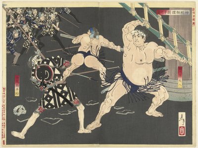 Bagarre entre pompiers et lutteurs de sumo au temple de Shinmei - Tsukioka Yoshitoshi