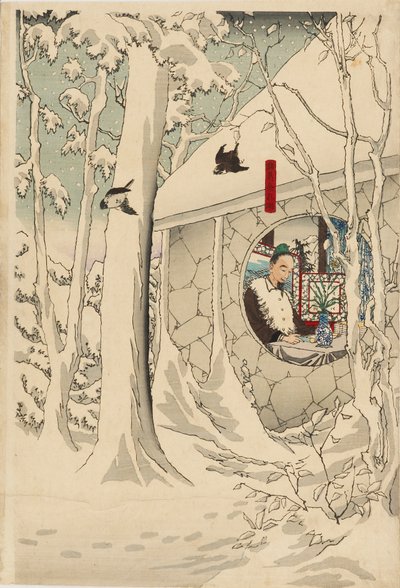 Estampe sur bois triptyque - Gentoku visitant Komei dans sa retraite, sous une tempête de neige, fin du 19ème siècle - Tsukioka Yoshitoshi
