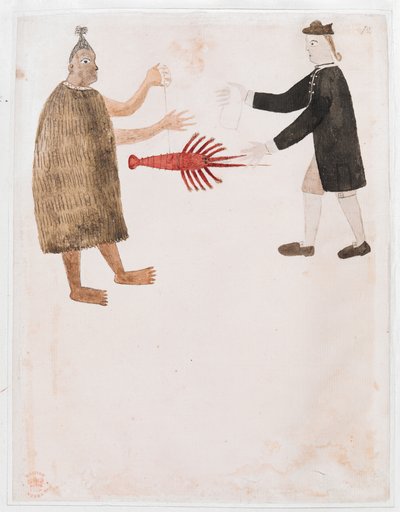Add MS 15508 [Dessin n°12] Un Maori échangeant une écrevisse avec un officier de marine anglais, 