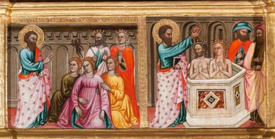 Prédelle avec la vie de saint Barthélemy, faisant des exorcismes et baptisant, détail de la Vierge et l
