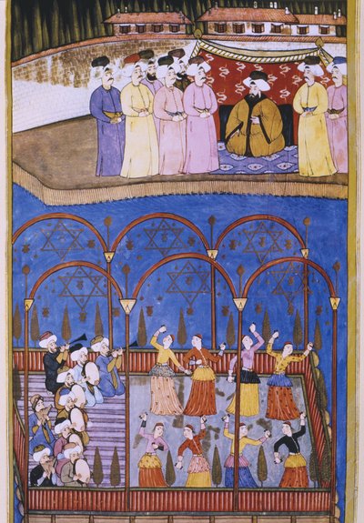 Danseurs et musiciens devant le sultan et sa cour, extrait de Sur-Nama - Turkish School