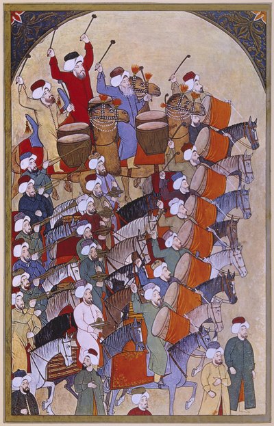 Janissaires et musiciens de parade arrivant, extrait de Sur-Nama - Turkish School