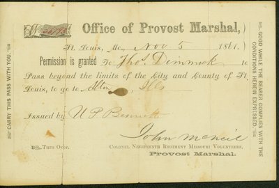 Passage militaire de Thomas Dimmock, signé U.P Bennett, 5 novembre 1861 - U. P. Bennett