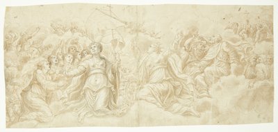 Une assemblée de saints sur des nuages, tous regardant vers le haut. Probablement le registre inférieur d