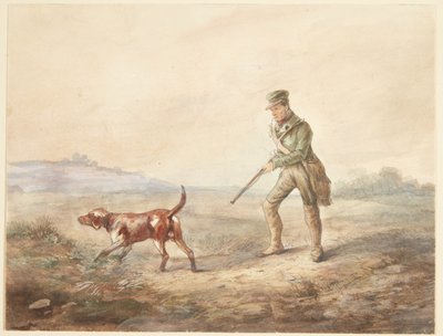 Paysage avec un chasseur et son chien - Ubekendt