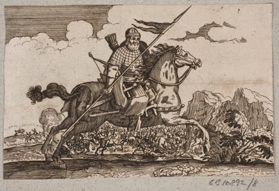 Cavalier ottoman avec lance et arc. En arrière-plan, une bataille de cavaliers - Ubekendt