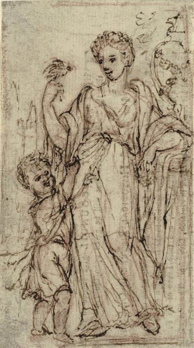 Femme avec un oiseau dans la main droite et un enfant essayant de l