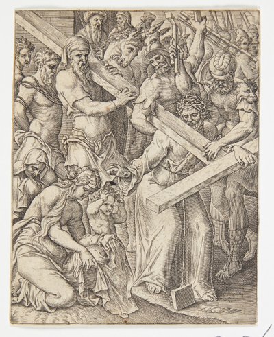 Christ portant la croix et le miracle du voile de Véronique - Ubekendt efter Dirck Volckertsz. Coornhert efter Maarten van Heemskerck