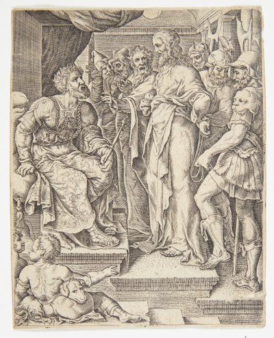 Christ devant Hérode - Ubekendt efter Dirck Volckertsz. Coornhert efter Maarten van Heemskerck