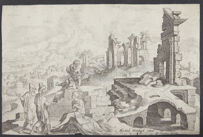 Job sur le fumier avec sa femme et trois amis - Ubekendt efter Maarten van Heemskerck
