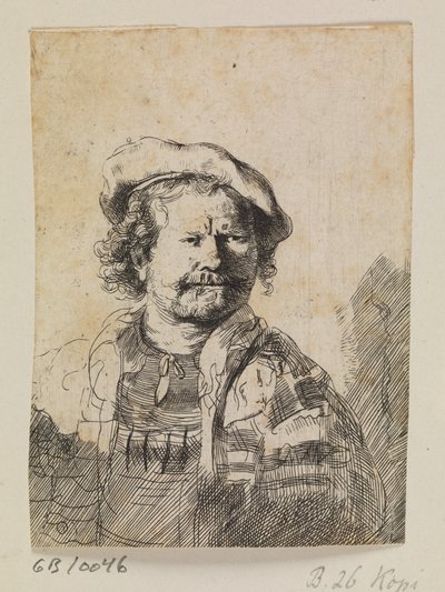 Rembrandt avec une casquette plate et une robe brodée - Ubekendt efter Rembrandt