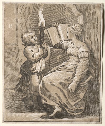 Sibylle lisant avec un enfant tenant une torche - Ugo da Carpi