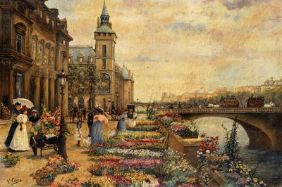 Un marché aux fleurs sur la Seine - Ulpiano Checa y Sanz