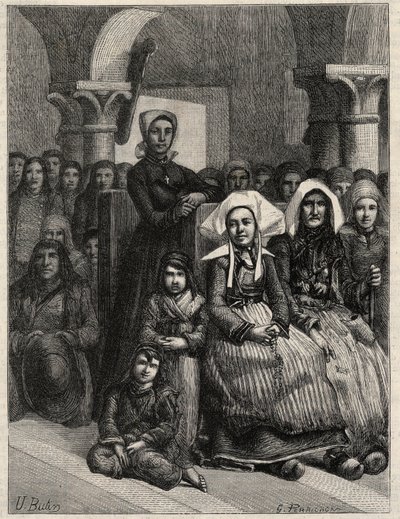 Un sermon dans une église en Bretagne, dessin de M.U. Loot. Gravure dans L