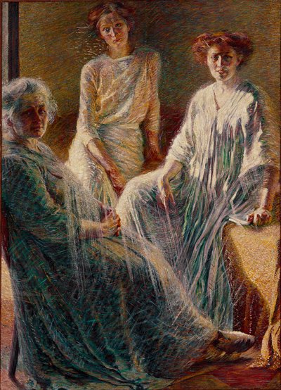 Trois femmes. Toutes trois vêtues de blanc, elles symbolisent les trois âges de la vie. Peinture d