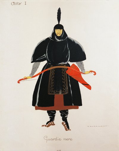Costume pour les gardes noirs de Turandot par Giacomo Puccini, croquis de Umberto Brunelleschi (1879-1949) pour la première représentation de l