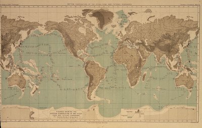 16 cartes illustrant les températures océaniques à différentes profondeurs, des Rapports de la croisière Challenger - Unbekannt