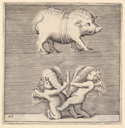 Un cochon ceinturé et deux cupidons ou génies avec un papillon ou un papillon de nuit, publié ca. 1599-1622 - Unbekannt