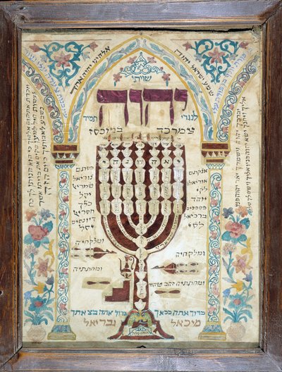 Un Misrach, indiquant la direction de Jérusalem dans les maisons juives, représentant la Menorah (encre et aquarelle sur papier) - Unbekannt