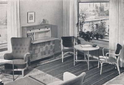 Un salon suédois avec des meubles conçus par Caarl-Axel Acking et fabriqués par Svenska Mobelfabrike - Unbekannt