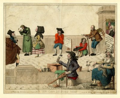 Un coin du Pont Neuf, Paris, avec des mendiants boiteux et des vendeurs de rue, vers 1813 - Unbekannt