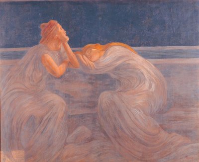 Un couple de femmes portant des robes bleues et grises dort la nuit appuyé sur une balustrade et assis sur un banc - Unbekannt
