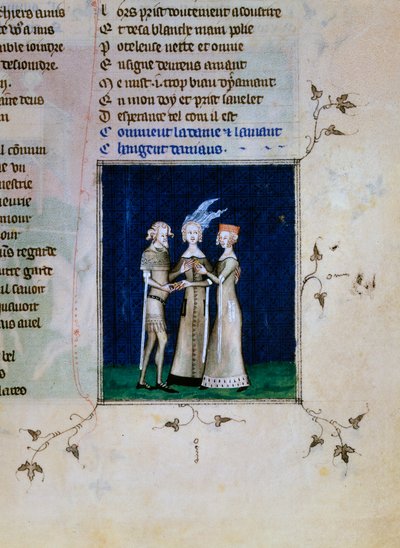 Un chevalier et une dame échangeant des anneaux, vers 1350 - Unbekannt