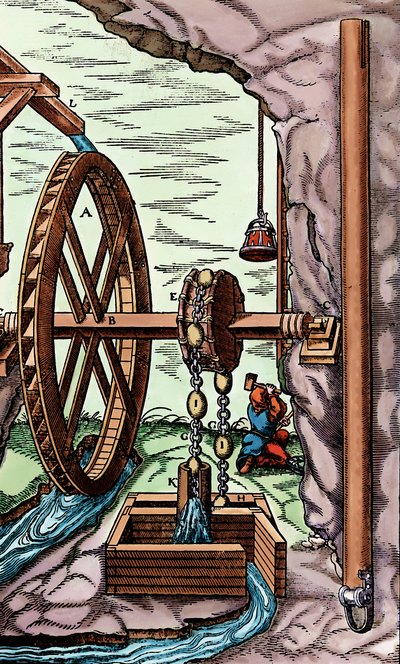 Une mine drainée par une pompe à chaîne et chiffon actionnée par une roue à aubes, 1556 - Unbekannt