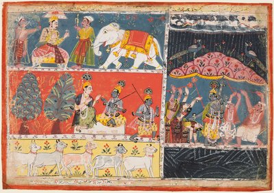 Une page du Bhagavata Purana : Indra envoie une pluie torrentielle, Krishna soulève le mont Govardhana, 1686 - Unbekannt