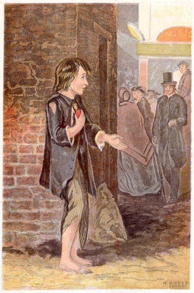 Un pauvre garçon, pieds nus et en haillons, mendiant à un coin de rue, vers 1880 - Unbekannt