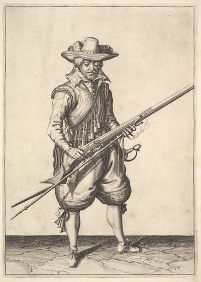 Un soldat secouant la poudre du haut de la poêle, de la série des Mousquetaires, planche 19 - Unbekannt